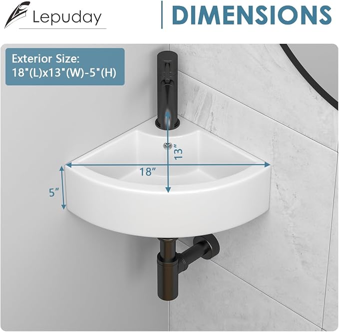 18"x 13" Wall Mount Corner Bathroom Sink White Porcelain Small Vessel Sink | Triangle Floating Wash Hand Basin Small White Porcelain Ceramic Floating Vessel Vanity Sink Wall Hung Bathroom Sink