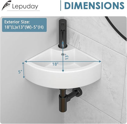 18"x 13" Wall Mount Corner Bathroom Sink White Porcelain Small Vessel Sink | Triangle Floating Wash Hand Basin Small White Porcelain Ceramic Floating Vessel Vanity Sink Wall Hung Bathroom Sink