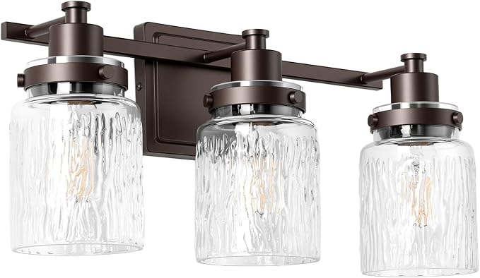 3 Light Bathroom Vanity Light Fixtures Farmhouse Oil Rubbed Bronze | ETL Certificate, Easy to Install,Wall Mount Up or Down,Hammered Glass Lampshade,E26 Socket,Hardwired,120V