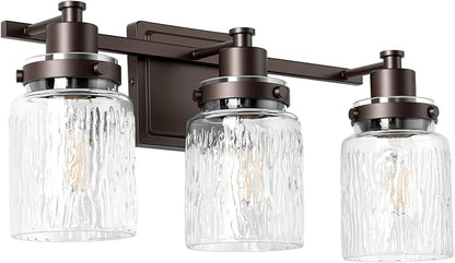 3 Light Bathroom Vanity Light Fixtures Farmhouse Oil Rubbed Bronze | ETL Certificate, Easy to Install,Wall Mount Up or Down,Hammered Glass Lampshade,E26 Socket,Hardwired,120V