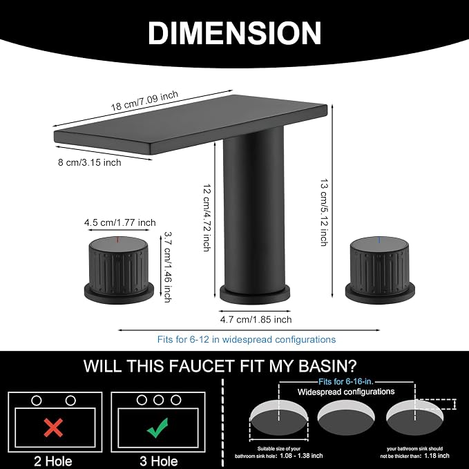 becola Black Bathroom Faucet 3 Hole, 8 inch Widespread Bathroom Faucet with Top Storage, Waterfall Bathroom Faucet，2-Handle Modern Vanity Faucet with Adjust Knobs and Two Supply Lines