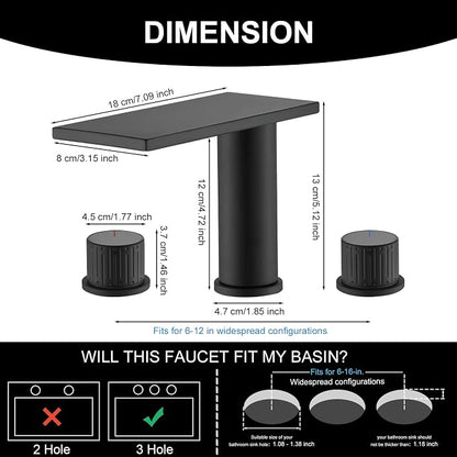 becola Black Bathroom Faucet 3 Hole, 8 inch Widespread Bathroom Faucet with Top Storage, Waterfall Bathroom Faucet，2-Handle Modern Vanity Faucet with Adjust Knobs and Two Supply Lines