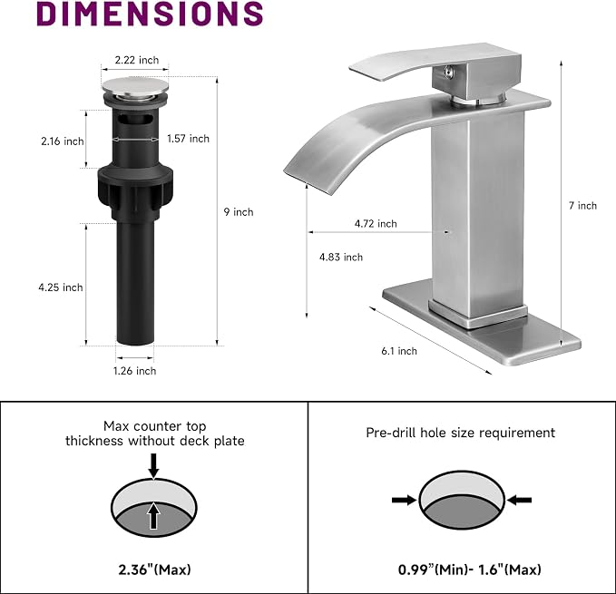 Bathroom Sink Faucet Single Handle Waterfall Bathroom Faucets | 304 Stainless Steel,Lavatory Commercial Vanity Faucets with Sink Drain Assembly and Basin Plate Deck Mount,Brushed Nickel