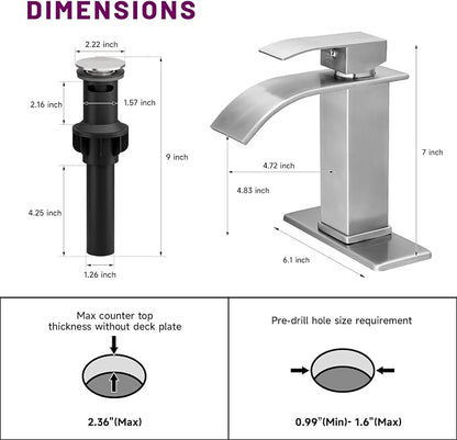 Bathroom Sink Faucet Single Handle Waterfall Bathroom Faucets | 304 Stainless Steel,Lavatory Commercial Vanity Faucets with Sink Drain Assembly and Basin Plate Deck Mount,Brushed Nickel