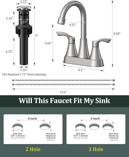 2 Pack Brushed Nickel Bathroom Faucet 3 Hole, Evolvegoods 4 Inch Stainless Steel Bathroom Sink Faucet, 2 Handle Centerset Faucet for Bathroom Sink Vanity, with Pop Up Drain and 2 Supply Hoses