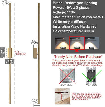 Only Suitable for Small Junction Box Set of 2 Modern Linear LED Wall Light Hardwired 48 Inch Slim Tube Waterproof Vanity Wall Sconce for Living Room Corridor Bathroom (2 Pack, 48'', Gold, Dimmable)