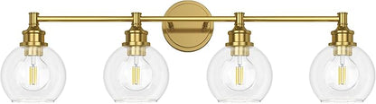 Bathroom Light Fixtures, 4-Light Brushed Gold Vanity Light Globe Glass Shades, Bathroom Lighting Fixtures Over Mirror, Wall Sconces for Master Bathroom, Guest Bathroom, Powder Room, 28-inch