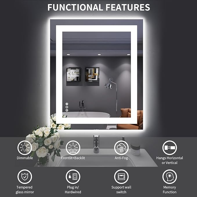 LOAAO 30X36 LED Bathroom Mirror with Lights, UL Listed | Anti-Fog, Dimmable, 3 Color Temperature, Backlit + Front Lit, Memory Function, Tempered Glass