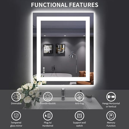 LOAAO 30X36 LED Bathroom Mirror with Lights, UL Listed | Anti-Fog, Dimmable, 3 Color Temperature, Backlit + Front Lit, Memory Function, Tempered Glass