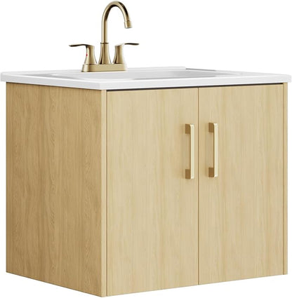 24 Inch Oak Floating Bathroom Vanity, Pre-Assembled Wall-Mounted Cabinet with 2 Soft-Close Doors & 3 Hole Ceramic Sink, No Faucet,BV08-24-OAK
