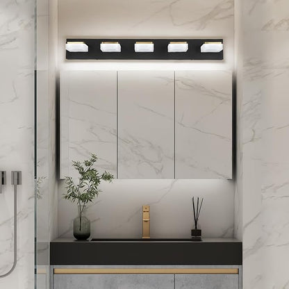Bathroom Vanity Light - 5-Lights LED 30W - Dimmable Over Mirror Light Fixture for Brightening Your Bath - Gold and Black Wall Sconces with Acrylic Lampshade - Daylight 5500K