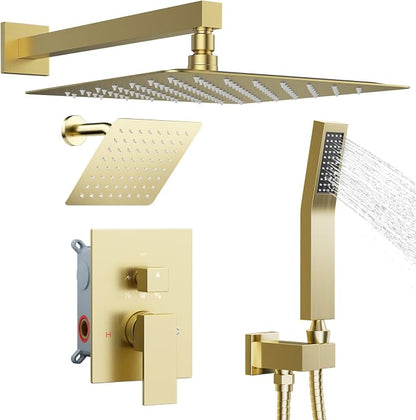 Shower System Shower Faucet Set, STARBATH 12"+6" Wall Mount Rain Shower Head and Handheld Spray for Two Person, Rainfall Shower System with Diverter Valve and Trim Kit Complete,Brushed Gold
