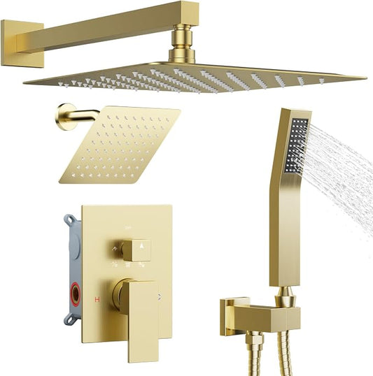 Shower System Shower Faucet Set, STARBATH 12"+6" Wall Mount Rain Shower Head and Handheld Spray for Two Person, Rainfall Shower System with Diverter Valve and Trim Kit Complete,Brushed Gold