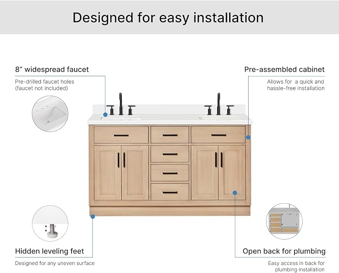 ARIEL Hepburn 60-inch Bathroom Vanity with Sink,Solid Wood, 1.5-inch Pure White Quartz Countertop, Double Rectangular Porcelain Sink, 4 Soft Closing Doors, 6 Dovetail Drawers, White Oak