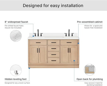 ARIEL Hepburn 60-inch Bathroom Vanity with Sink,Solid Wood, 1.5-inch Pure White Quartz Countertop, Double Rectangular Porcelain Sink, 4 Soft Closing Doors, 6 Dovetail Drawers, White Oak