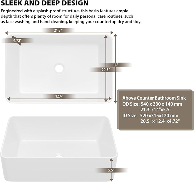 White Bathroom Vessel Sink Ceramic Vanity Art Basin Above Counter | 21"x14" Rectangular Bathroom Sink Porcelain Vessel Vanity Sink