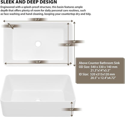 White Bathroom Vessel Sink Ceramic Vanity Art Basin Above Counter | 21"x14" Rectangular Bathroom Sink Porcelain Vessel Vanity Sink