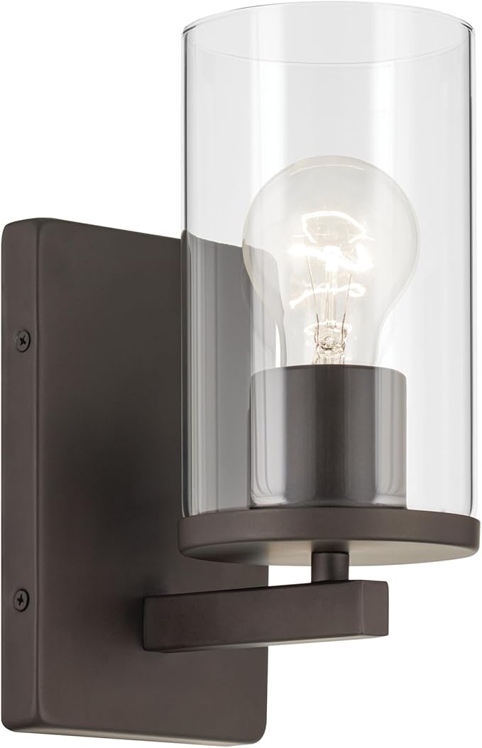 Crosby 4.5" 1-Light Wall Sconce with Clear Glass in Olde Bronze, for Bathroom, Powder Room, Hallway, Kitchen, Bedroom, Fireplace, (4.5" x 9.25"), 45495OZCLR