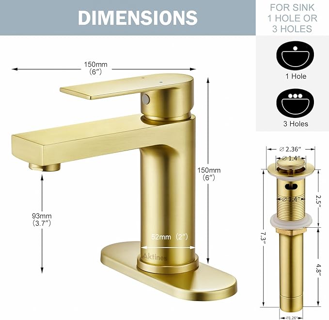Light Gold Bathroom Faucet, Single Hole Vanity Sink Faucet with Metal Pop-Up Drain, Supply Lines & Deck Plate Fits 1 or 3 Hole, Brushed Finish