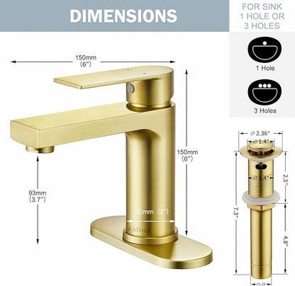 Light Gold Bathroom Faucet, Single Hole Vanity Sink Faucet with Metal Pop-Up Drain, Supply Lines & Deck Plate Fits 1 or 3 Hole, Brushed Finish