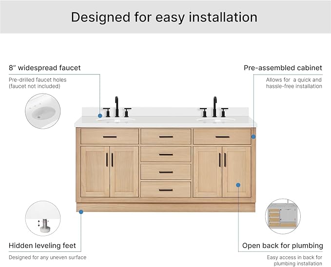 ARIEL Hepburn 72-inch Bathroom Vanity with Sink,Solid Wood, 1.5-inch Pure White Quartz Countertop & Backsplash, Double Oval Porcelain Sink, 4 Soft Closing Doors, 6 Dovetail Drawers, White Oak