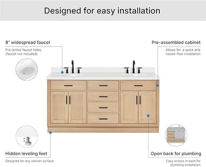 ARIEL Hepburn 72-inch Bathroom Vanity with Sink,Solid Wood, 1.5-inch Pure White Quartz Countertop & Backsplash, Double Oval Porcelain Sink, 4 Soft Closing Doors, 6 Dovetail Drawers, White Oak