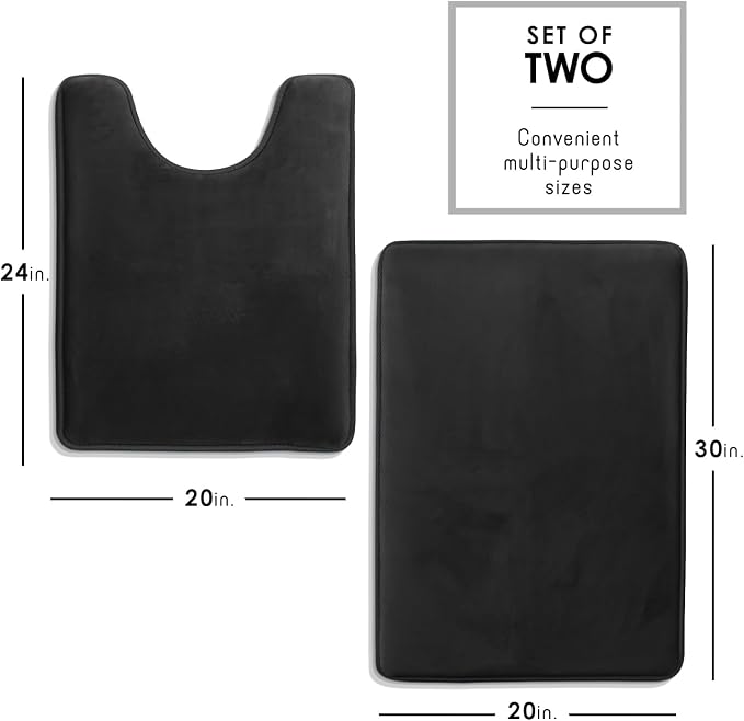 Clara Clark 2 Piece Bathroom Rugs, Velvet Memory Foam Bath Mat Set, Non-Slip Bath Rugs, Machine Wash, Dries Quickly, Ultra Soft Plush Bath Mats for Bathroom, 20 x 32 + Contour, Black