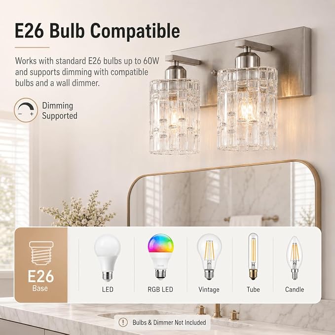 2-Light Nickel Crystal Bathroom Vanity Light Fixture Over Mirror, Modern Bathroom Wall Light for Living Room, Bedroom, Hallway