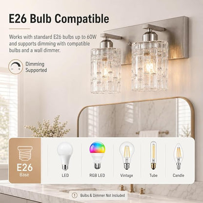 2-Light Nickel Crystal Bathroom Vanity Light Fixture Over Mirror, Modern Bathroom Wall Light for Living Room, Bedroom, Hallway