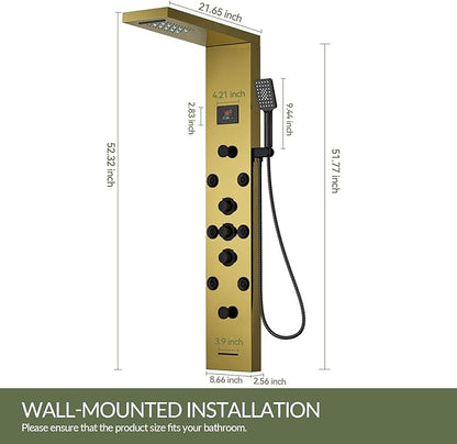 Shower Panel Tower System Stainless Steel LED Rainfall Waterfall Shower Head 5-Function Faucet Rain Massage System Wall Mount with 8 Body Jets, Handheld, and Tub Spout, Gold