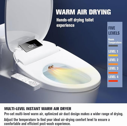 Toilet Bidet Seat, Instant Warm Water, Self-Cleaning Nozzle, Multiple Spraying Modes, Electric Heated Seat, Warm Air Drying, Soft Closed Lid, Display Screen, Requires Electricity, Elongated