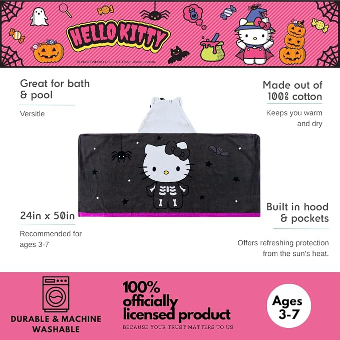 Sanrio Hello Kitty Skeleton Halloween Kids Super Soft Bath/Pool/Beach Soft Cotton Terry Hooded Towel Wrap, 24 in x 50 in, (Officially Licensed Product) by Franco