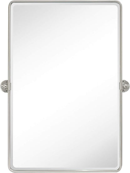 TEHOME Brush Nickel Pivot Rectangle Bathroom Vanity Mirrror Farmhouse Tiltable Rounded Metal Framed Pivoting Bathroom Mirror with Beveled Mirrror, Overall 26.91 x 35 inches (Mirrror 23 x 35 inches)