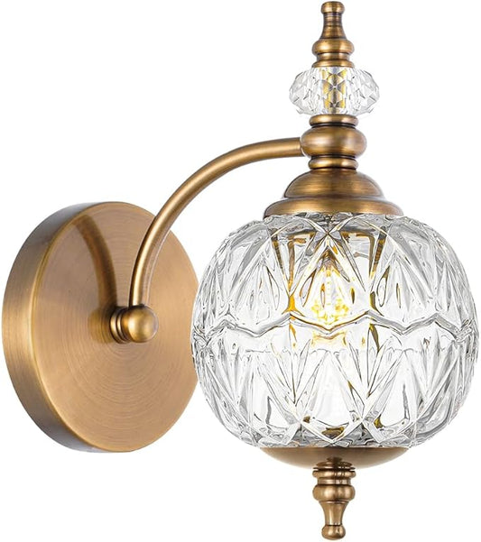 Brushed Gold Bathroom Wall Sconce Vintage Style - G9 Bulb Compatible, Small Hardwired Bathroom Vanity Lighting with Hand-Etched Glass Shades, Easy Mounted for Bedroom Living Room Hallway