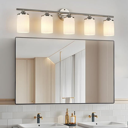 Jonsi Nickel Bathroom Light Fixtures 5-Light Vanity Lights Modern Wall Sconce with Milk White Shade Brushed Nickel Bathroom Light Fixture Over Mirror for Bedroom Hallway Kitchen
