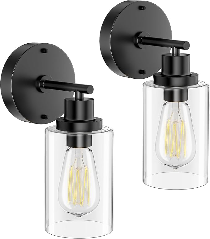 GORDNWE Bathroom Wall Sconce Set of 2, Matte Black Vanity Light Fixtures | E26 Bulb Base, Clear Glass Shade, Modern Wall Light Fixture for Mirror, Bedroom, Wall Lamp, Wall Mount Light Fixtures