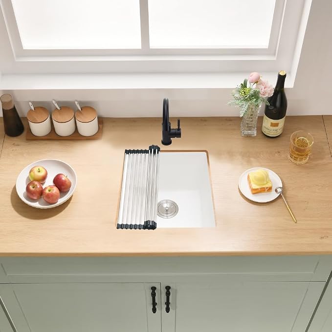 White Bar Sink Undermount, 13 x 13 Inch Granite Quartz | Small Kitchen Sink Granite Quartz Wet Bar Single Bowl Deep Basin and Mini Squeegee Combo