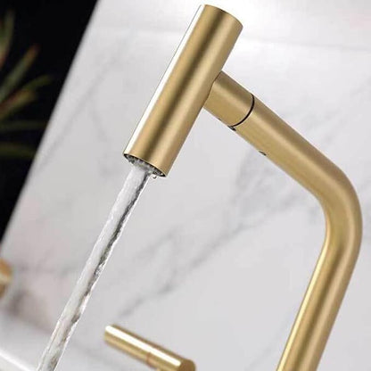 3 Hole Basin Faucets Pull Out Basin Mixer Faucet Brushed Gold Bathroom Mixer Faucet Brass-Brushed Gold