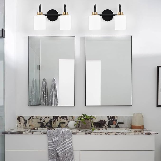 Modern Matte Black and Gold Bathroom Vanity Light Fixtures 2 Lights Milky Glass Wall Sconce Light Modern Vanity Lights Over Mirror(Exclude E26 Bulb)
