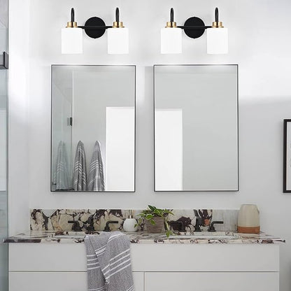 Modern Matte Black and Gold Bathroom Vanity Light Fixtures 2 Lights Milky Glass Wall Sconce Light Modern Vanity Lights Over Mirror(Exclude E26 Bulb)