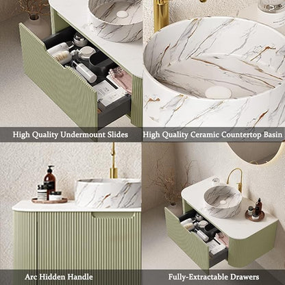 24'' Bathroom Vanities Cabinet with Sink Combo, Wall Mounted Floating Cabinet W/Curved Edges Stripes, Oak Plywood, Soft-close System with a Drawer, White Round Ceramic Basin - Kiel, Light Green/S