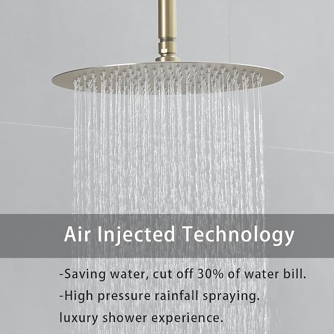 Shower Faucet Set Brushed Gold 12 Inch Round Ceiling Mount Rainfall Shower System with 2 Rain Shower Head and Handheld Head Push Button Diverter Shower Trim Kit and Rough-in Valve Body