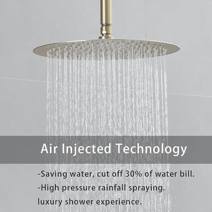 Shower Faucet Set Brushed Gold 12 Inch Round Ceiling Mount Rainfall Shower System with 2 Rain Shower Head and Handheld Head Push Button Diverter Shower Trim Kit and Rough-in Valve Body