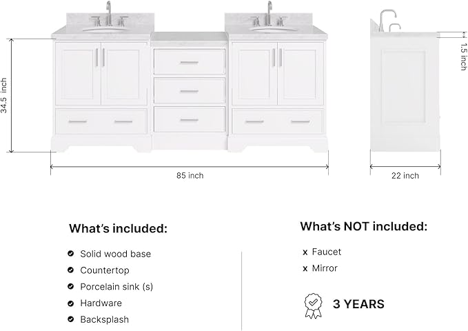 ARIEL Stafford 84-inch Bathroom Vanity with Sink,Solid Wood, 1.5in Italian Carrara Marble Countertop & Backsplash, Double Oval Porcelain Sink, 4 Soft Closing Doors, 5 Dovetail Drawers, White