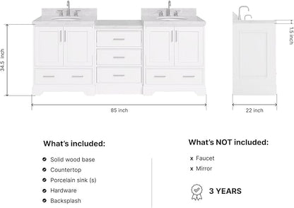 ARIEL Stafford 84-inch Bathroom Vanity with Sink,Solid Wood, 1.5in Italian Carrara Marble Countertop & Backsplash, Double Oval Porcelain Sink, 4 Soft Closing Doors, 5 Dovetail Drawers, White