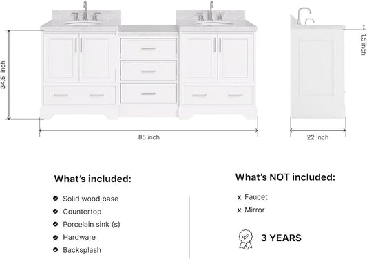 ARIEL Stafford 84-inch Bathroom Vanity with Sink,Solid Wood, 1.5in Italian Carrara Marble Countertop & Backsplash, Double Oval Porcelain Sink, 4 Soft Closing Doors, 5 Dovetail Drawers, White