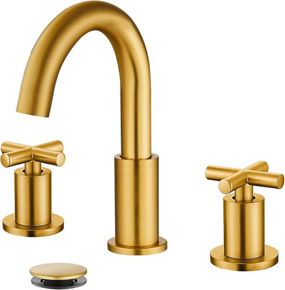gotonovo 3 Hole Bathroom Faucet 8 inch Widespread Sink Vanity Faucet for Bathroom Sink 2 Cross Handle Deck Mount Basin with Pop Up Drain 360° Swivel Spout Dark Gold