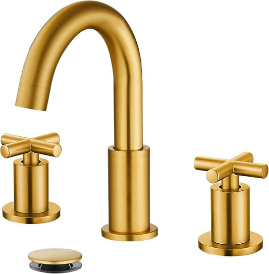 gotonovo 3 Hole Bathroom Faucet 8 inch Widespread Sink Vanity Faucet for Bathroom Sink 2 Cross Handle Deck Mount Basin with Pop Up Drain 360° Swivel Spout Dark Gold