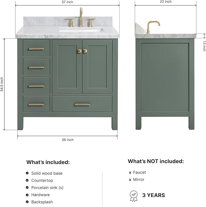 ARIEL Cambridge 36-inch Bathroom Vanity with Sink,Solid Wood, 1.5-inch Italian Carrara Marble Countertop, Single Rectangular Porcelain Sink, 2 Soft Closing Doors, 5 Dovetail Drawers, Vintage Green