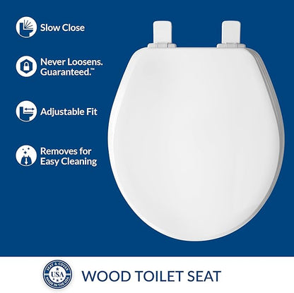 BEMIS 600E4 000 Ashland Toilet Seat with Slow Close, Never Loosens and Provide the Perfect Fit, ROUND, Enameled Wood, White